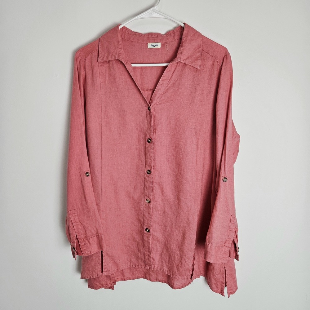 Symple Tunic Shirt‎ Womens Sz M Linen Roll Tab Sleeve Button Front Top Pink